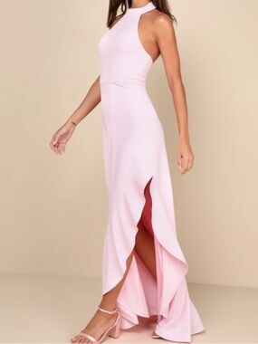 Majestic Perfection Light Pink Ruffled Halter Maxi Dress